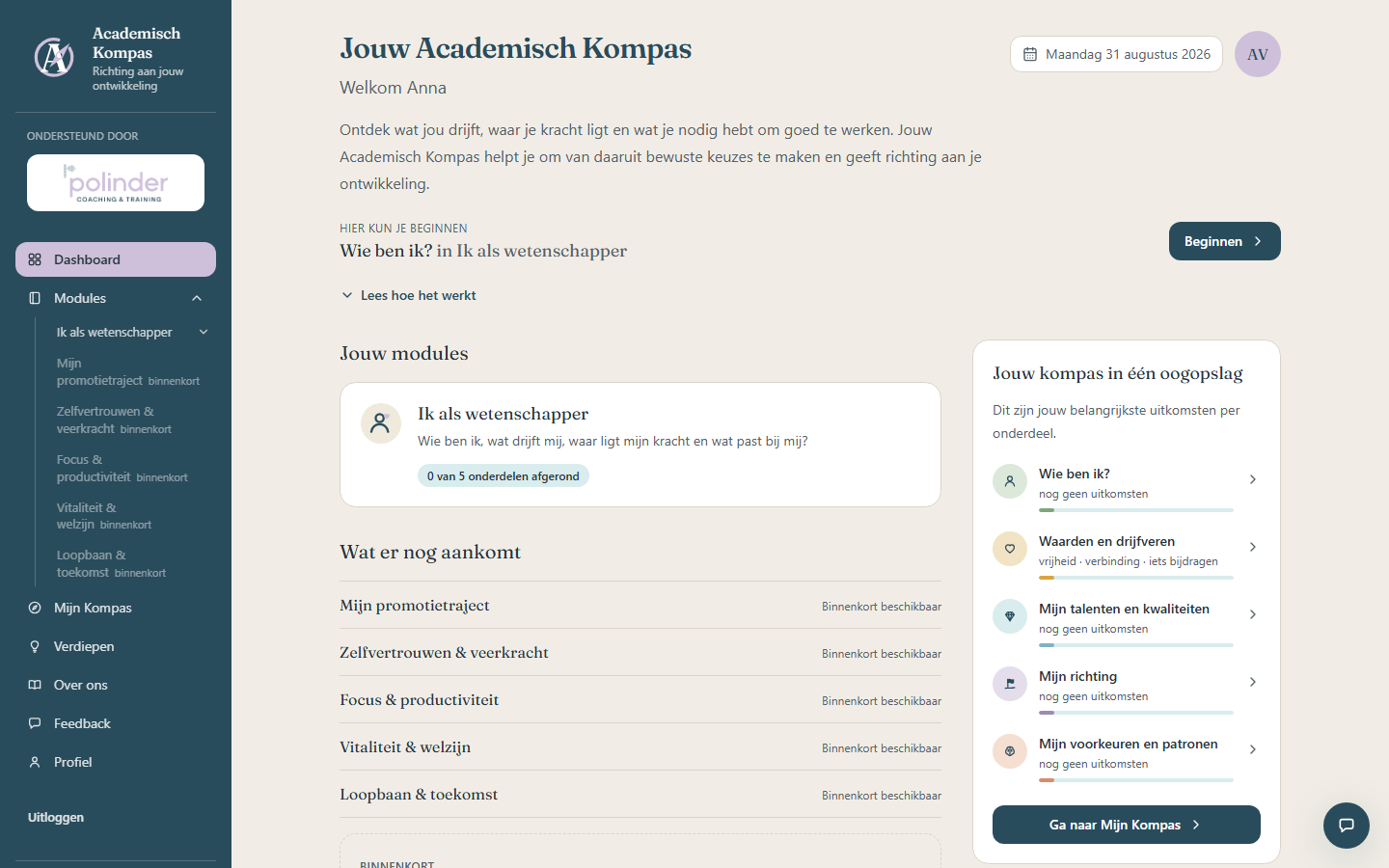 Het dashboard van Academisch Kompas